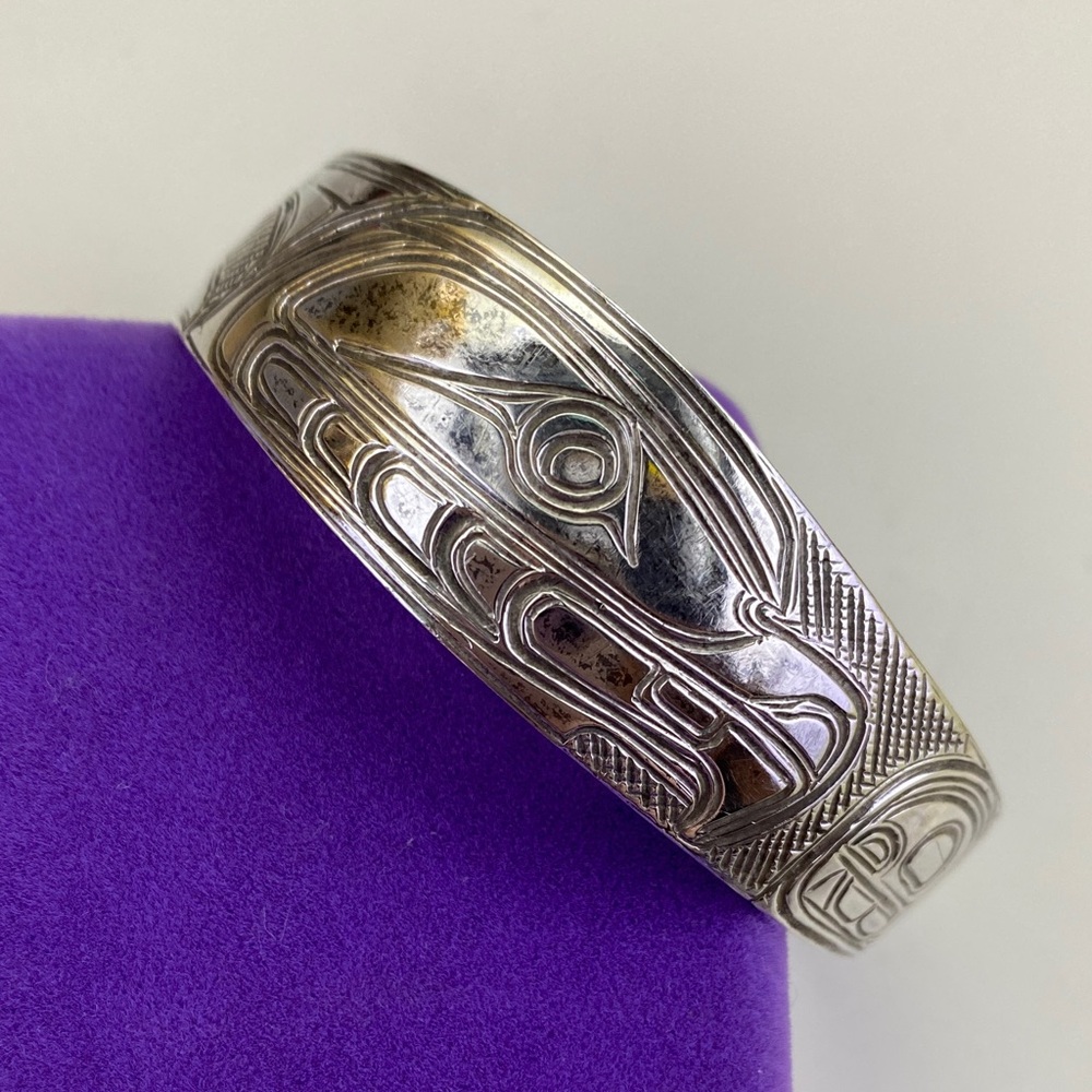 💛 Vintage Sterling Silver Al Seaweed Eagle Bangle | Indigenous Artist | AS-IS